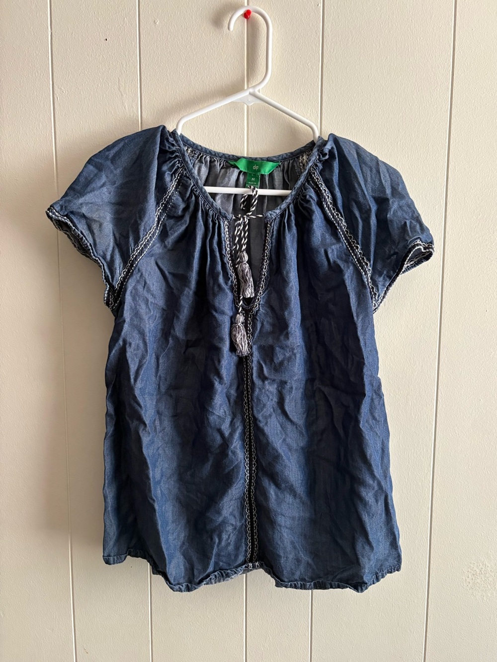 Dip Navy Short-Sleeve Peasant Top With Tassel Tie